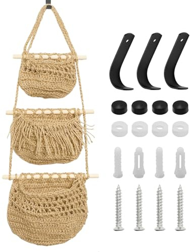 Ollanoos 3 Tier Hanging Fruit Basket, Vegetable Basket Jute Rope Wall Hanging Produce Storage Basket with 3 Hooks, for Kitchen Bedroom Bathroom