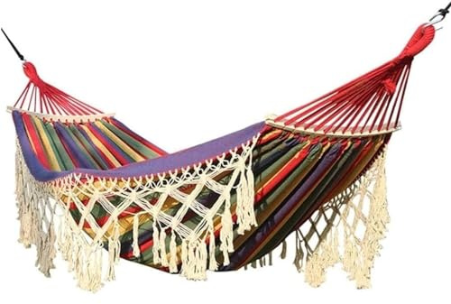 TOTIKI Hamak 200x150 Cm Hammocks For Outside Swing Hammock Thickened Canvas With Wood Spreader Bar Fringed Boho Style Hammocks For Outside(B)