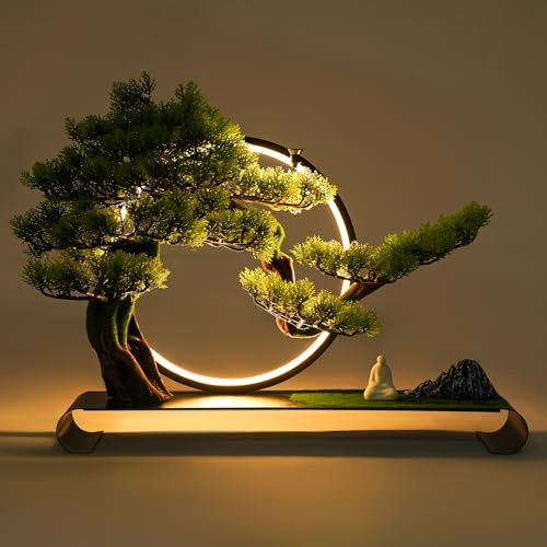 Artificial Bonsai Tree, Welcome Pine Faux Plants with LED Lamp Ring, Realistic Simulation Display Fake Tree Pot Ornaments Decor for Home Office Table Bathroom Shelf Bedroom Living Room
