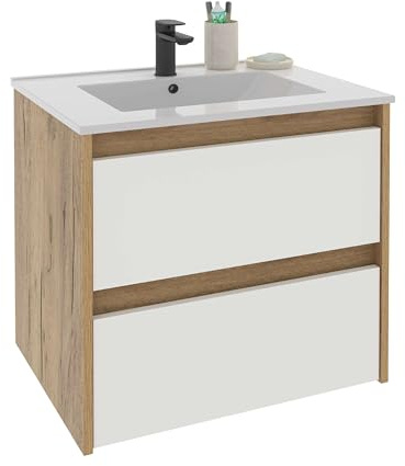 MUEBLES PITARCH Mueble de Baño 60cm Ancho, suspendido, 2 Cajones, Roble Kraft con frentes de cajones Blancos, para Lavabo encastrado, Estilo Moderno Modelo Nilo
