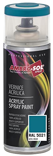 Ambro-Sol V4005021 Smalto Acrilico Multiuso, Vernice Brillante per Interni ed Esterni, Adatto per Qualsiasi Tipo di Materiale, Bomboletta Spray in Banda Stagnata Riciclabile 400 ml, Blu Acqua