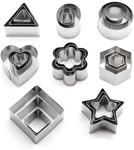 24pz Mini Formine per Biscotti di Tagliabiscotti in Acciaio Inossidabile per Decorazioni in Fondente Pasticceria- Cuore Fiore Stella Cerchio Quadrato Rettangolo Triangolo Ovale