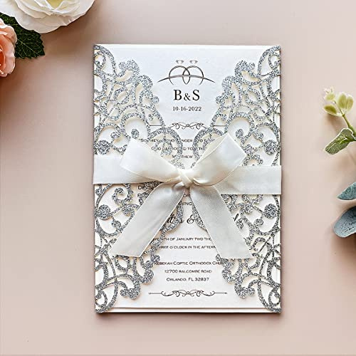 KUCHYNEE 20 Pezzi Invito a nozze tagliati al laser Argento con nastri avorio e buste, per matrimonio festa di fidanzamento compleanno sposa doccia (glitter argentato)