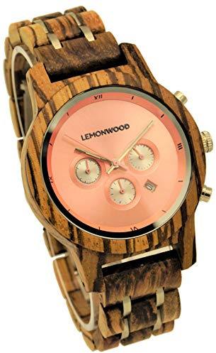 LEMONWOOD Holz-Armbanduhr Holzuhr aus Zebranoholz Herren Damen Unisex Chronograph Zebraholz Stoppuhr Quarzuhr Hillier
