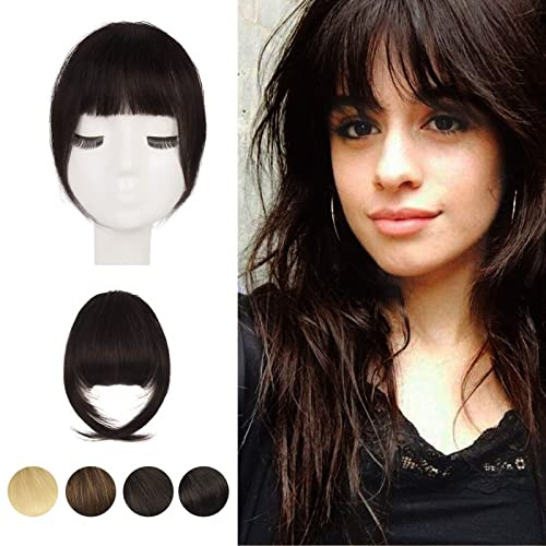 BARSDAR Clip in Menschliches Haar Bangs, 100% Echtes Menschliches Haar Clip in Pony für Frauen - Dunkelbraun Französisch Pony Fringe mit Schläfen Echthaar Pony Extensions Haarteile - Dunkelbraun