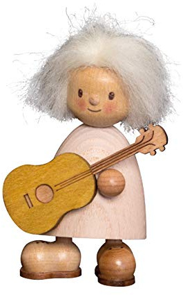 Kuhnert Drechslerei Dekoration/Holzfigur aus Massivholz mit Schafwollfrisur - Finn & Finja - Motiv: Finn mit Gitarre - Höhe: ca. 9cm - Made in Germany