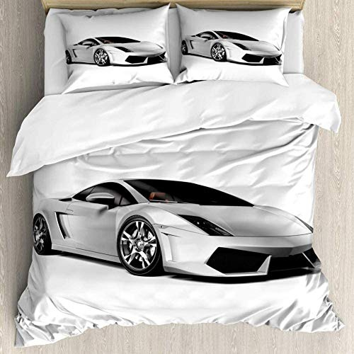 Loussiesd Rennwagen Bettwäschezug Set 135x200cm Junge Mann Auto Bettbezug Set für Kinder Teens 2 Stück Weiche Mikrofaser Betten Set 3D Speed Sportwagen Bettwäsche Weiß Schwarz