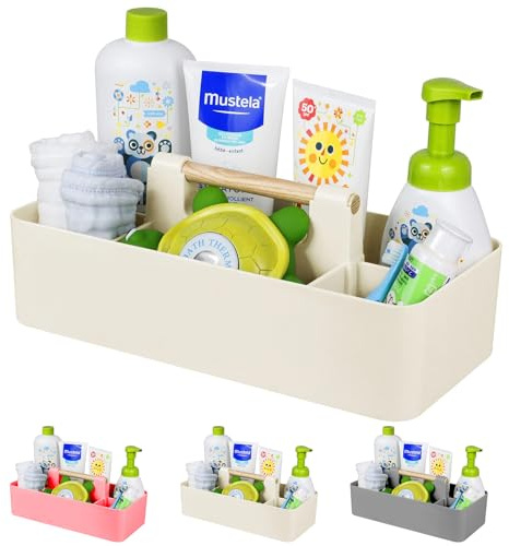 ChengFu Baby Shower Caddy Plastic Nursery Portable Storage Organizer Caddy Tote for Child/Kids, Divided Basket Bin with Wood Handle for Bathroom, Dorm Room, Holds Hand Soap, Bottles, Spoons (Beige)
