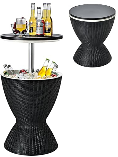 COSTWAY Table Glacière 30L pour Jardin 2 en 1 avec Plateau Relevable, Seau à Glace Imitation Rotin pour Cocktails Bière, Table Bar Exterieur Convient aux Piscines Terrasses, Ø 43 x 57,5/82 cm (Noir)