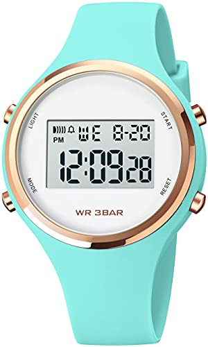 findtime Uhren Damen Digitale Armbanduhr Frauen Kinderuhr Mädchen Multifonktion Damenuhr Digital Silikon Armband mit Licht Alarm Stoppuhr Rosegold