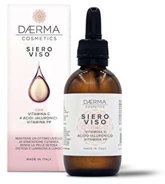 GESICHTSSERUM 50 ml mit Vitamin C, 4 verschiedene Arten von Hyaluronsäure und Vitamin PP. Vegan, enthält keine Parabene, Petrolate, Silikone und PEGs. Schnelle Aufnahme.