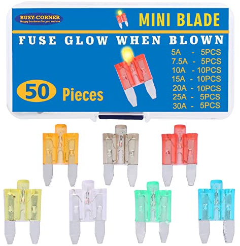 BUSY-CORNER Mini Blade Automotive Fuse Glow When Blown Smart Auto Glow Fuse Easy Identification - 50 Pieces