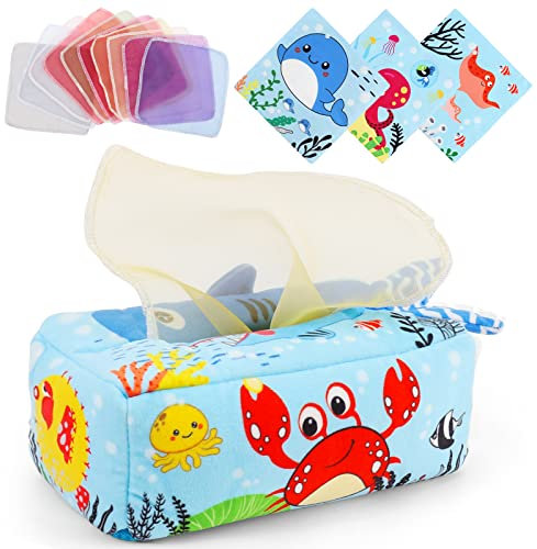 Wodasi Boîte à Tissus pour Bébé, Montessori Bebe, Boîte à Mouchoirs en Tissu Jouets Sensoriels Livre Jeux pour Bébés de 6 à 24 Mois