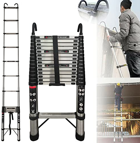 Echelle télescopique pliable 5 m - Avec 2 crochets - En acier antidérapant - Multifonction - 101 cm à 5 m - Charge maximale : 150 kg (5 m)