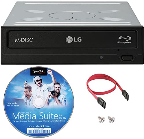 LG WH16NS46 16X Blu-ray BDXL M-DISC DVD CD Internal Writer Drive Bundle with Free CyberLink Burning Software, SATA Cable & Mounting Screws