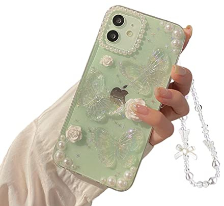 Ownest Mobiltelefonskal kompatibel iPhone 12 mini fodral blixt fjäril blomma transparent design estetisk kvinnor flickor glitter kristall med söt kedja TPU fodral för iPhone 12 mini pärlkedja