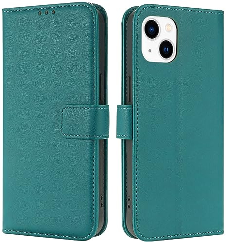 TQIAHF Coque pour iPhone 13 / iPhone 14 Coque Etui avec Porte Carte Rabat Clapet Portefeuille Cuir Pochette Antichoc Flip Case Étui Cover Housse Protection Coque pour iPhone 13/iPhone 14,Vert Foncé