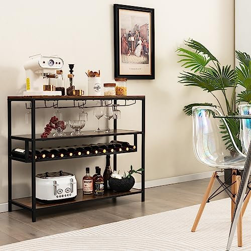 GOPLUS Étagère à Vin 13 Bouteilles, Meuble Rangement avec Porte-Bouteilles & 4 Rangée de Porte-verres, Dispositif Anti-basculement pour Cuisine, Bistrot, 102x40x87cm (102x40x87cm | 13 Bouteilles)