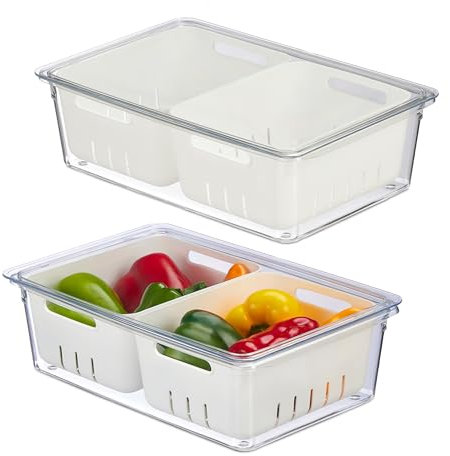Relaxdays Kühlschrank Organizer, 2er Set, stapelbar, 2 Abtropfkörbe, Lebensmittel Organizer mit Deckel, transparent/weiß