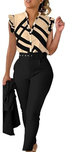 Ladies Trouser Suits 3 Pieces Outfits V Neck Sleeveless Gradient Button Tops Wide Leg Pant and Belt Suit Set Formal Blazer Suit Set for Work Office Wedding Party Business Special Occasions（No Jecket）
