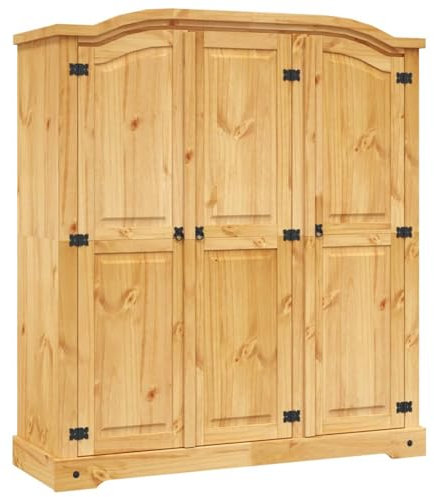 Gecheer Kleiderschrank Dielenschrank Schrank im Mexiko-Stil Kiefer Massiv 3 Türen Garderobenschrank Designschrank Schlafzimmerschrank Kleiderstange Aktenschrank 150,5 x 52 x 170 cm (L x B x H) Braun