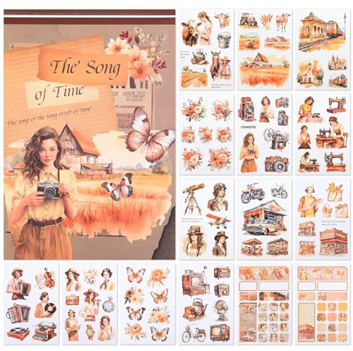 NOTIONSLAND 20 Blatt Scrapbook Stickers Book, 100+ Journaling Aufkleber für Scrapbooking Supplies, PET Ästhetische Vintage Aufkleber für Scrapbooking