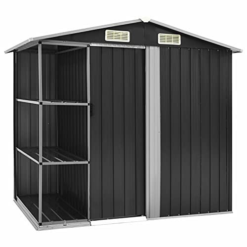 ShCuShan Capanno da Giardino con Scaffali Antracite 205x130x183 cm Ferro,Casetta da Giardino per Attrezzi, Capanno in Lamiera d'Acciaio con Tetto Inclinato, Ripostiglio per Attrezzi con Porte Scorrevo