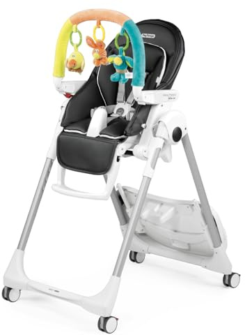Peg Perego Prima Pappa Follow Me Plus - Barnstol och barnstol från födseln, justerbar i höjd, 4 hjul, spelstång, dubbel bricka, konstläderbeläggning, kompakt stängning, lykoris