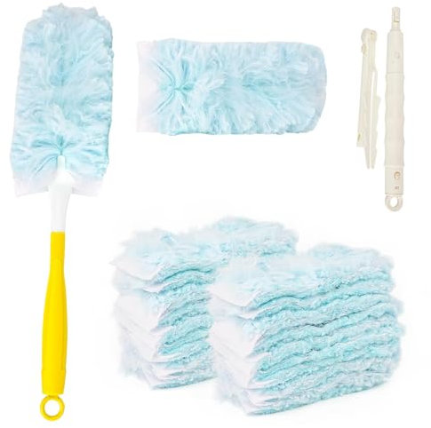 Frogetu 32 Pezzi Piumino Cattura Polvere,Compatibili con Swiffer Duster Piumini Catturapolvere,con 1 Manico,1 Asta Telescopica,Ricariche per Spolverino,per Casa,Ufficio