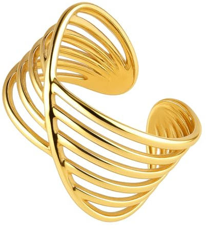 Breiter Damenring Gold – Verstellbarer Edelstahlring 18K Vergoldet, Offener Kreuzring Mehrreihig, Minimalistisch, Größenverstellbar, Wasserbeständig & Langlebig, Geschenk für Frauen inkl. Schmuckbox