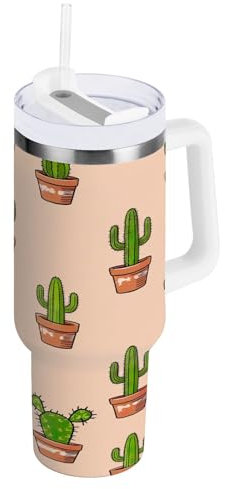 RPLIFE Trendy Potted Kaktus Pfirsich Beige Kaffeebecher mit Henkel Edelstahlbecher Kaffeetassen mit Deckel Wiederverwendbar