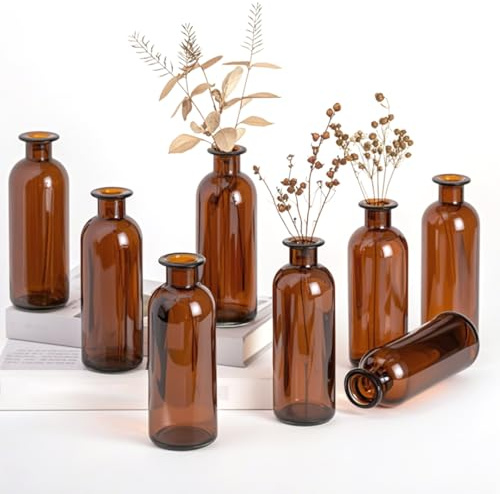 8 Pcs Brown Vase,Small Vases for Table Decoration,6.3 Inch Brown Vintage Bud Vase for Flower Arrangements, Amber Decorative Vases for Home Decor,Events,Fashion Centerpieces