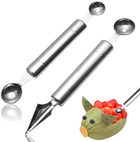 2 Stück Fruchtschnitzwerkzeug Melonenlöffel,Kugelausstecher und Schnitzwerkzeug,Melonenausstecher für Verschiedene Früchte,Obstschnitzmesser,Fruchtschnitzmesser,Edelstahl Küchenwerkzeug für DIY Salate