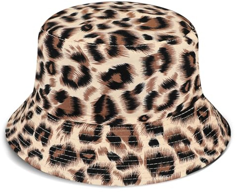 AYPOW Reversibel Damen Fischerhut Leopard Faltbar Sonnenhut, Leichter Beideseitig Tragen Anglerhut Teenager Mädchen Baumwolle Fischerhüte, UV-Schutz Strandhut Mode Eimerhut für Camping Reisen Wandern