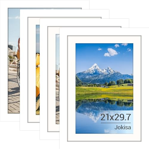 Jokisa 4 Stück Bilderrahmen Din A4, Rahmen 21x30 Schwarz mit Plexiglas, Bilderrahmen für Fotos, Bilder, Poster (Weiß, A4)