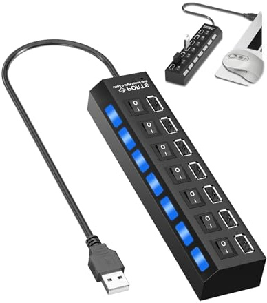 Concentrador USB 2.0 de 7 Puertos con Interruptor de Encendido LED Individuales, 480 Mbps Speed Data Hub, USB 7 en 1 Puerto Múltiple para PC, Ratón, Teclado, Disco Duro, Impresora