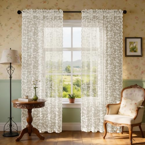 Rinwoc Beige Lace Sheer Curtains – Vintage Leaves Pattern Lace for Bedroom/Living Room, Fall Curtains, Modern Privacy Light Filtering Rod Pocket Window Drapes, 52W x 96L Inch, 2-Panel Set