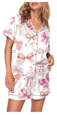 HKYBCF Satin pyjamasset dam tvådelat casual set pyjamas kortärmad söt rosett tryck knapp skjorta topp lösa shorts set pyjamas, Stil1, S