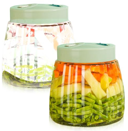 Leikurvo 2 Stück 1L Fermentiergläser mit Doppelventil, Fermentierglas Luftdichte Einmachgläser aus bleifreiem Glas, Kimchi Behälter für Kimchi, Sauerkraut, Marmelade, Nüsse, Honig (Grün)