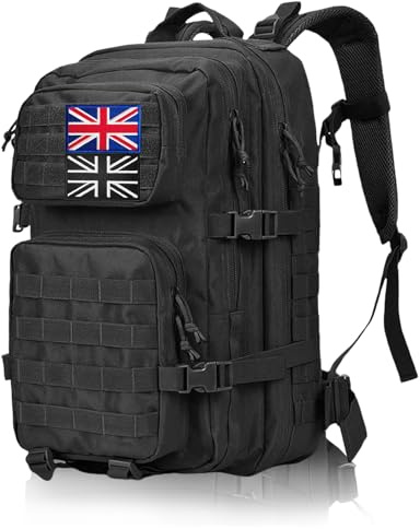 Vnvnvnv 45L Military Tactical Backpacks Large Molle Army Assault Pack 3 Day Bug Out Bag Laptop Bag for Hiking Treeking Black Hunting Rucksack with 2 Flag Patches (Black)
