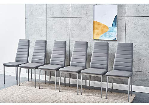 Panana Set of 6 Modern Dining Chairs, Kitchen Chair Leather with Solid Metal Legs andThick Padded Seats (Grey)
