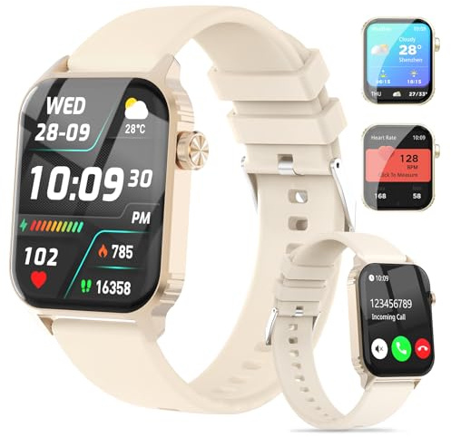 TRAUSI Smart Watches for Women Men, 1.83 inches HD Smartwatch with 120 Sports Modes, Heart Rate/Sleep Monitor, IP67 Waterproof, Bluetooth Call & Music Control for iPhone/Android (Golden)