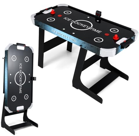 HOMASIS Table d'Air Hockey pliable, table de jeu électronique avec moteur 12 V et écran LED pour le score électronique, 2 disques et 2 raquettes pour enfants et adultes, 144 x 68 x 79 cm