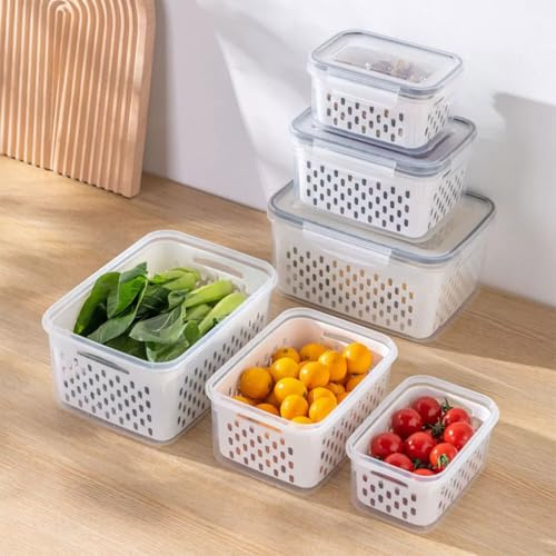 Taylor & Brown Set of 3 Fruit Storage Containers for Fridge with Removable Colanders, Airtight Food Storage Container Leakproof Fridge Organizer Bins with Lids for Salad Fruit Vegetables Meat Keeper F