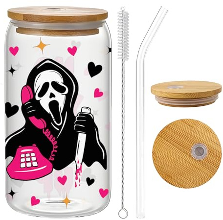 Yamobi Halloween Glass Cup with Lid and Straw, 16 oz Rosa Schrei-Schädel-Muster, Spooky Iced Coffee Tumbler, Autumn Drinking Glass, Gift for Women, Teenagers, Decoration