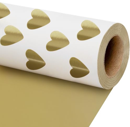 BIOBROWN Gold Heart Wrapping Paper Roll, 43cm x 10m | Elegant reversible wrap with gold heart print, perfect for engagements, weddings and anniversary