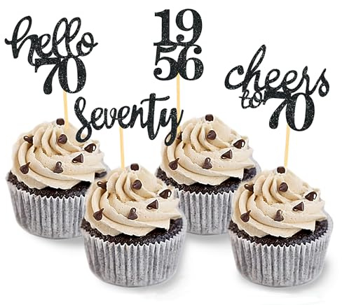 24 Stück Glitzer 70. Geburtstag Cupcake Topper, 70 Geburtstag Deko von 1956 für 70 Geburtstagsfeier Zubehör Party Dekoration Kuchendekoration (Neu Schwarz)