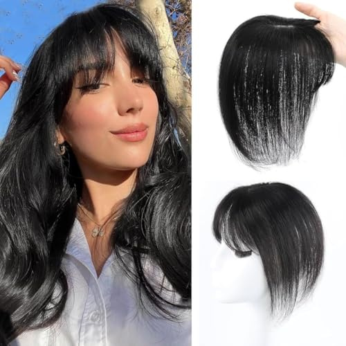 Unipearl Clip in Pony Echthaar Schwarz - 360° Abdeckung Haarteil mit Pony für Frauen, Natürliche Clip on Fransen Haarteile für Dünnes Haar, Unsichtbarer Wispy Pony für Täglichen Gebrauch