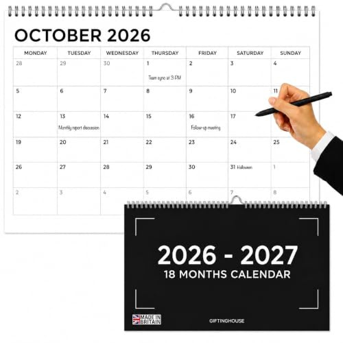 Giftinghouse Calendario da parete 18 mesi da luglio 2026 a dicembre 2027 Regno Unito, formato A4, visualizzazione mensile, formato A3, da aperto, 42 x 31 cm, calendario da parete 2026 2027, prodotto