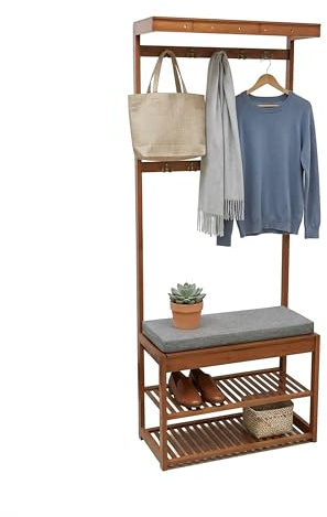 Relaxdays Garderobsställ, sittbänk, 2 skohyllor, 10 krokar, HBT: 175 x 70 x 33 cm, valnötsoptik, klädställ, brun